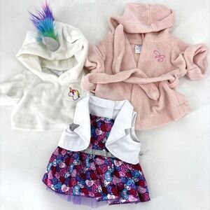 Build A Bear BAB Clothing Lot Pink Robe, Valentines Heart Dress & Unicorn Hoodie